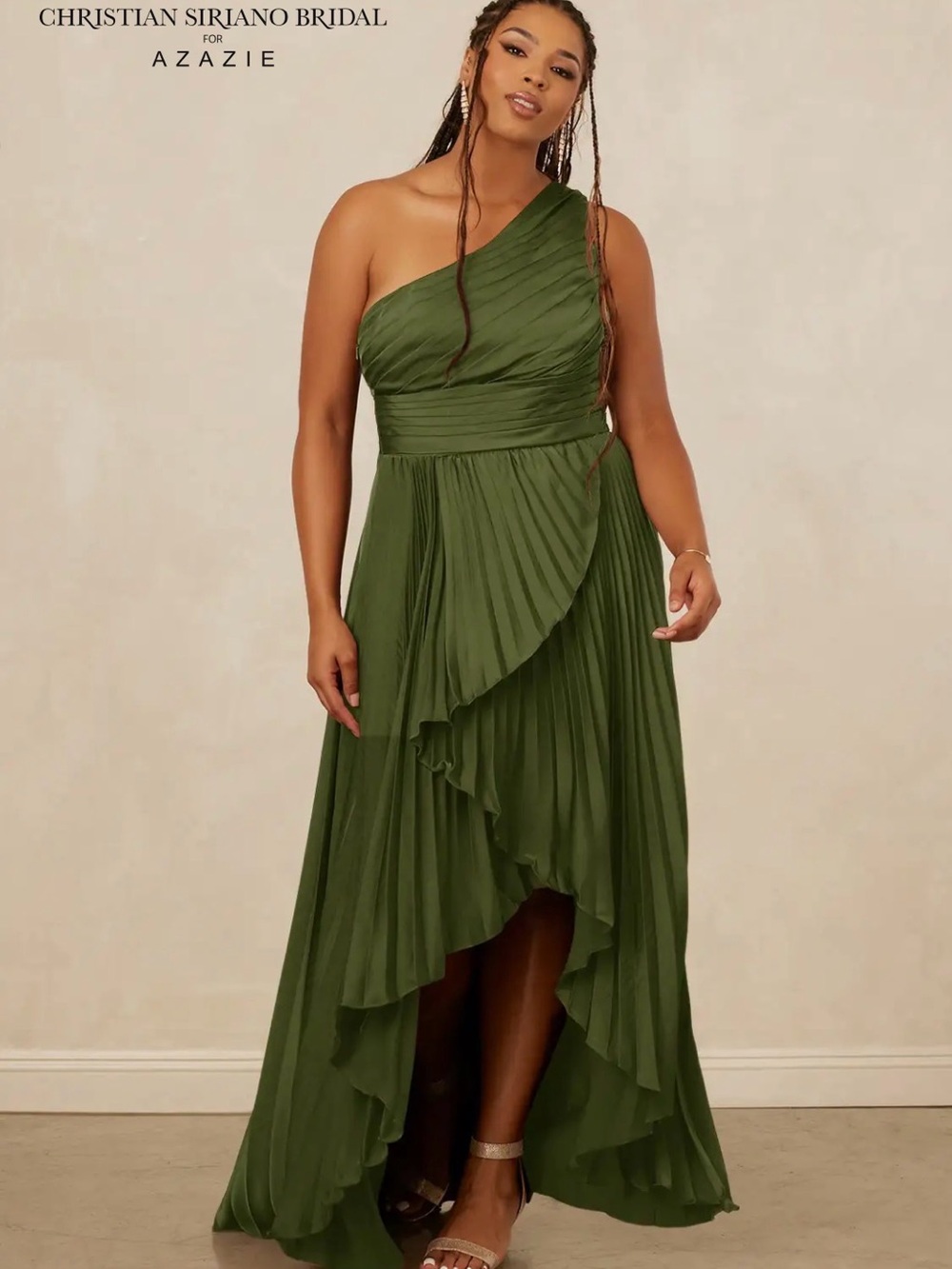 Christian Siriano Olive Green One-Shoulder Pleated Maxi Gown - Picture 5 of 7
